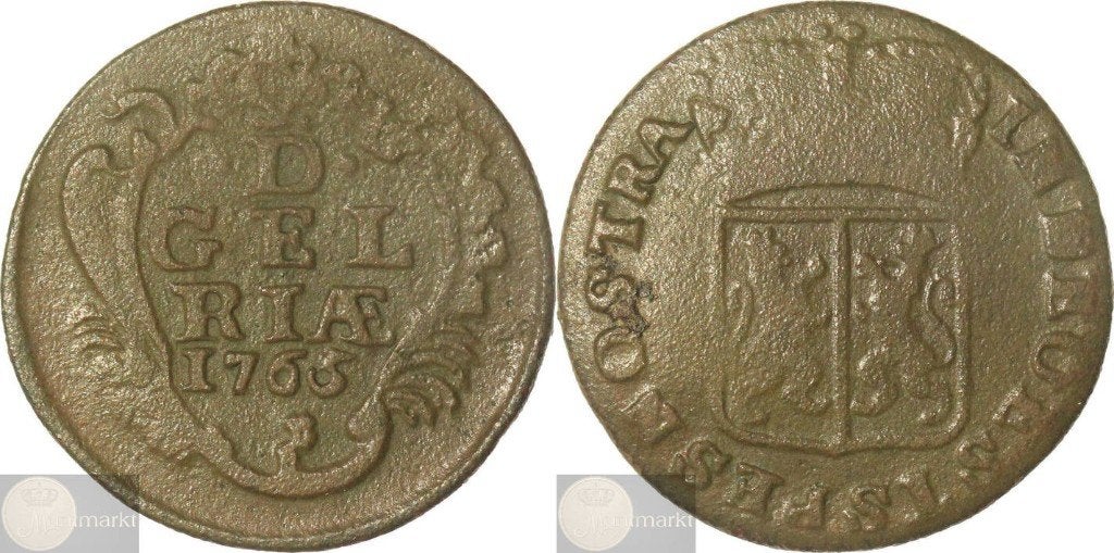 Gelderland - Duit 1766 over 1765 jaartalwijziging, Postzegels en Munten, Ophalen of Verzenden, Vóór koninkrijk, Overige waardes