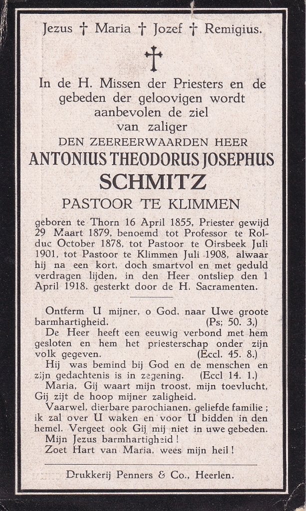 Schmitz Antonius 1855 Thorn 1918 Klimmen priester, Ophalen of Verzenden, Bidprentje