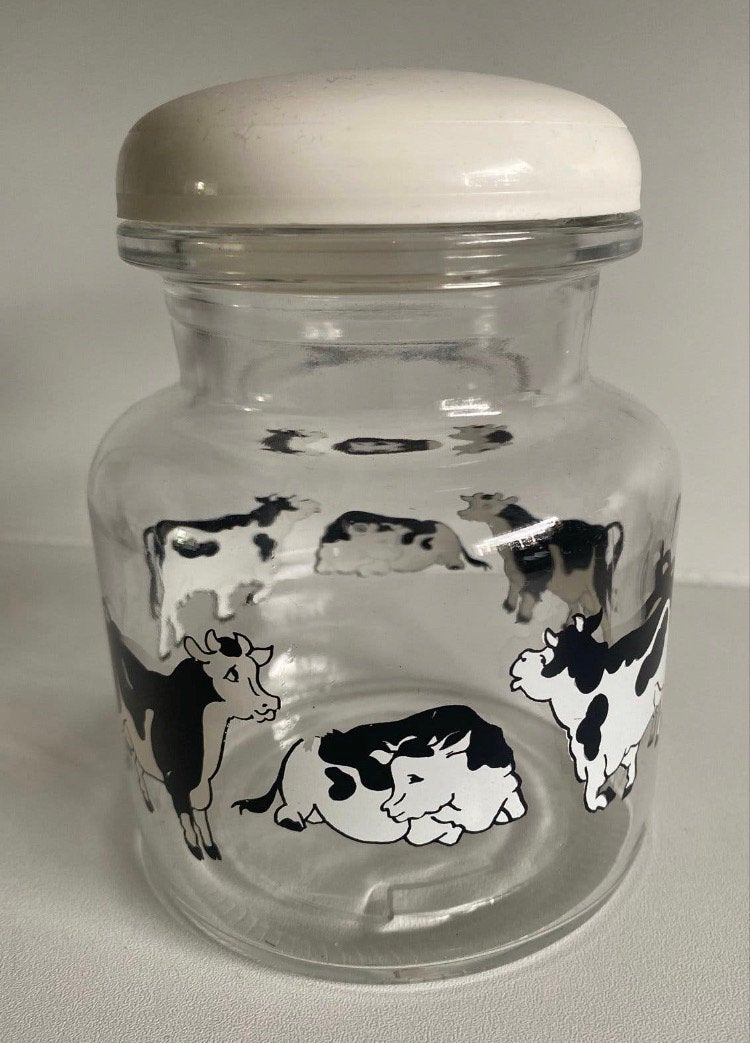 Glazen voorraadpot met een koeienprint. H. 13,5 cm., Ophalen of Verzenden, Zo goed als nieuw, Overige typen