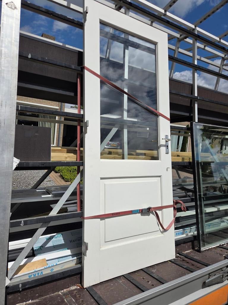 Hardhouten achterdeur met dubbel glas., Gebruikt, Deurkozijn, 150 tot 225 cm, Inclusief glas