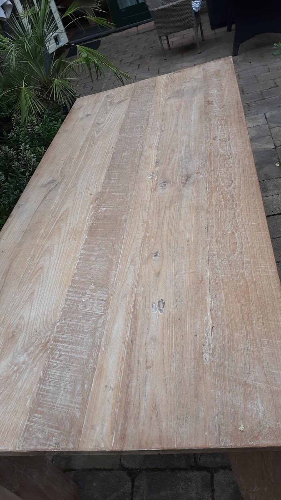 Robuuste houten tafel ( 220 x 100 x 80 ), Huis en Inrichting, Ophalen, Gebruikt, 50 tot 100 cm, Vijf personen of meer