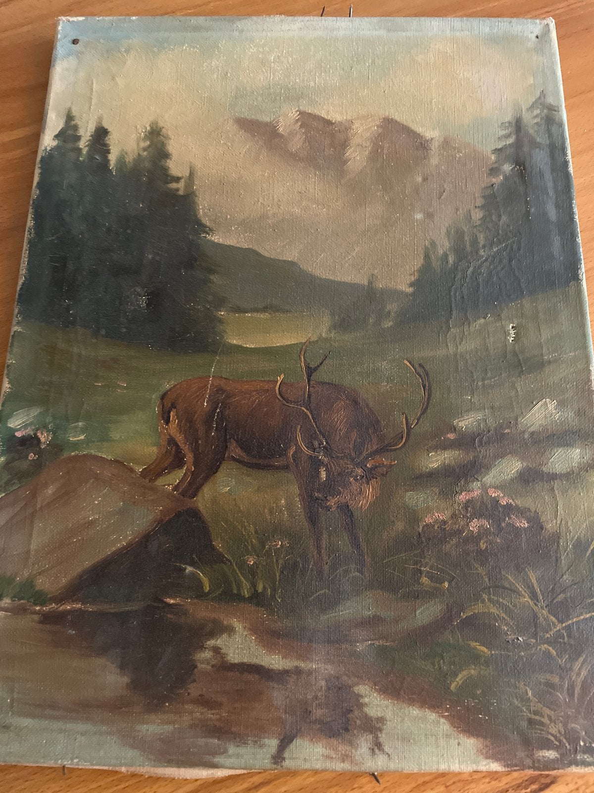 Oud schilderij van hert in berglandschap, Doek, Dieren, Ophalen of Verzenden, Handgeschilderd