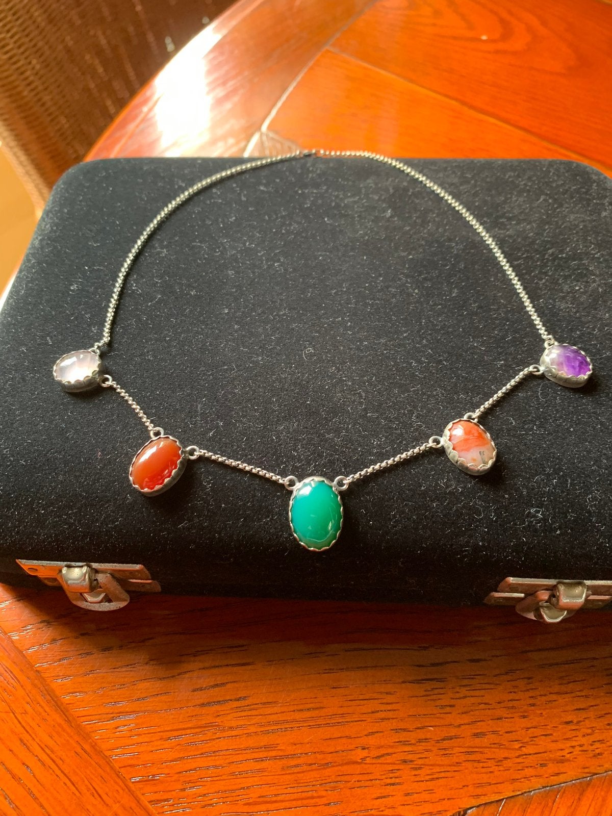ZO MOOIE ART DECO STIJL/VINTAGE COLLIER+5 EDELSTENEN, Gebruikt, Ophalen of Verzenden, Met edelsteen, Zilver