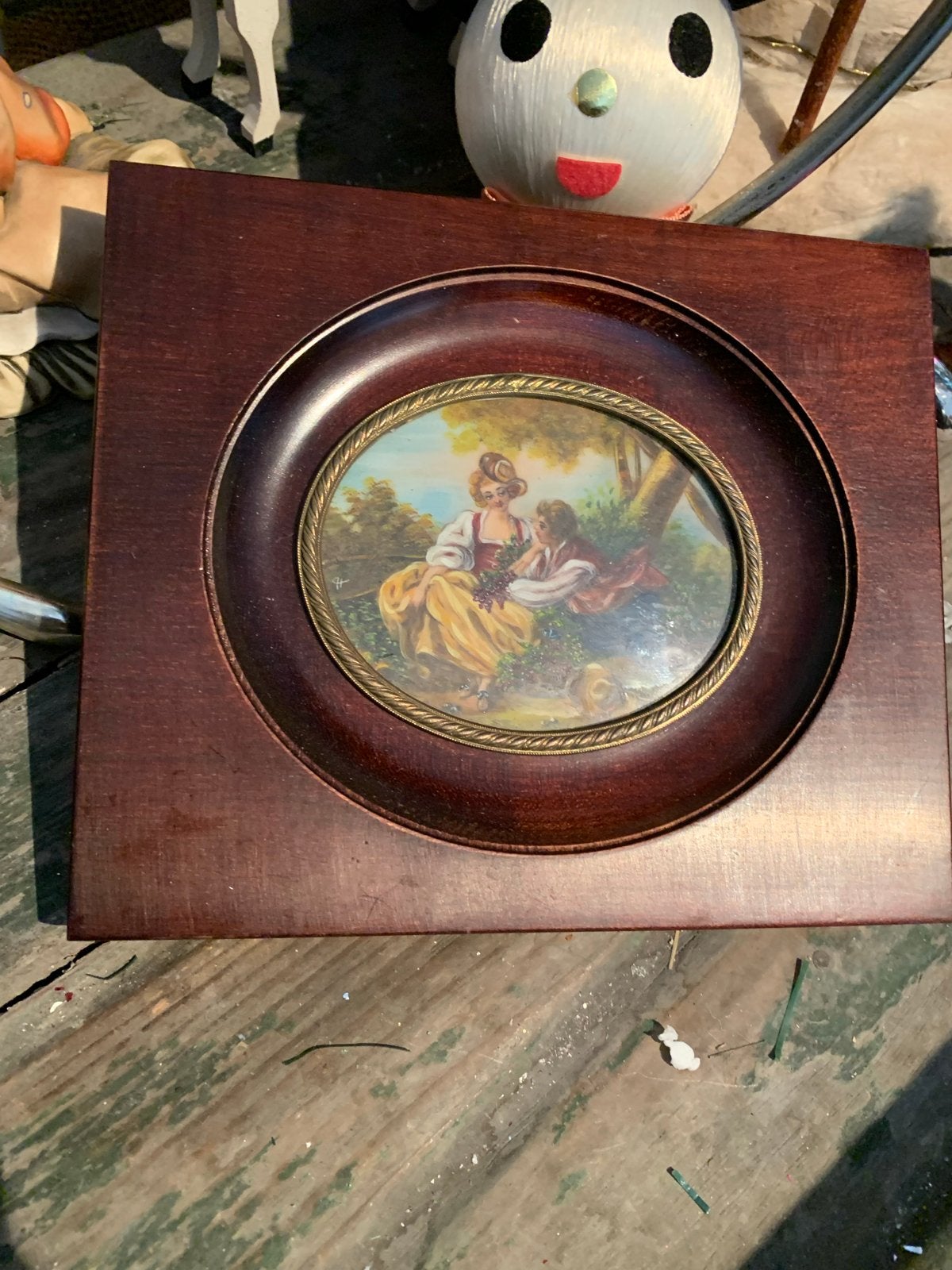 Oud Romantisch Kader met Schilderij van Geliefden, Paneel, Portret of Personen, Ophalen of Verzenden, Olieverf