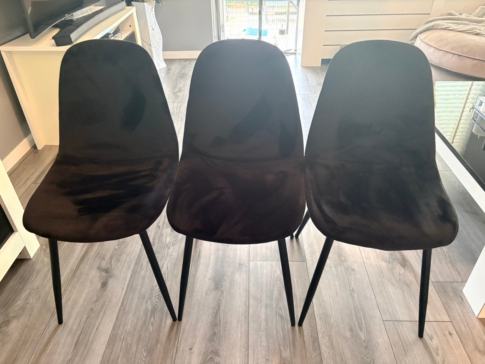 3 eetkamer stoelen zwart velvet stof, Huis en Inrichting, Stoelen, Ophalen, Zwart, Zo goed als nieuw, Vier