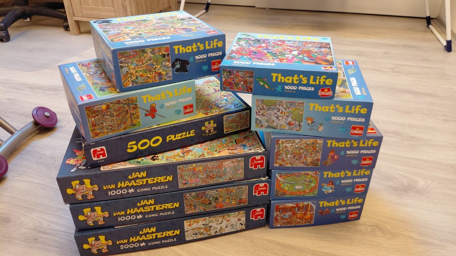 Puzzelpakket Jan van Haasteren en Goliath That's Life, Hobby en Vrije tijd, Ophalen of Verzenden, 500 t/m 1500 stukjes, Zo goed als nieuw
