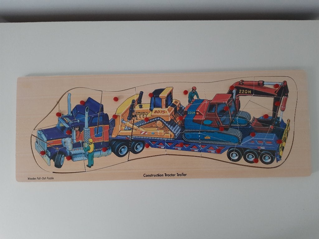Houten noppen puzzel oplegger met bulldozer en graafmachine, 2 tot 4 jaar, Gebruikt, 10 tot 50 stukjes, Ophalen of Verzenden