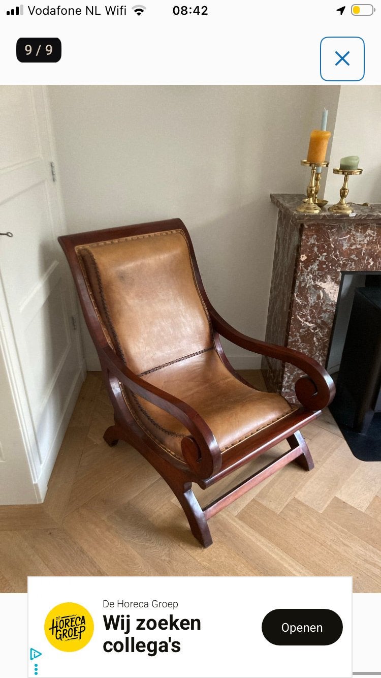 Stoel hout echt leer studentenkamer troon eyecatcher uniek, Ophalen, Zo goed als nieuw, Hout