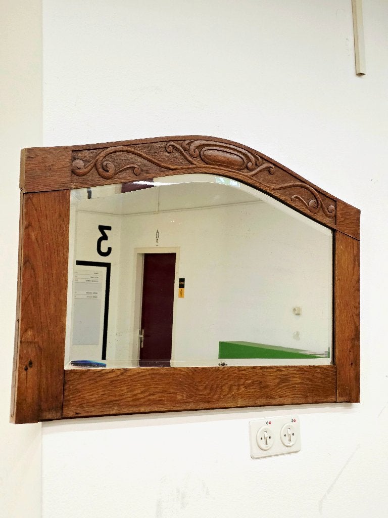 9681:Antique Art Deco/Nouveau Carved Oak Wall Mirror-1920s, Ophalen of Verzenden, Zo goed als nieuw, 75 tot 100 cm, Minder dan 100 cm