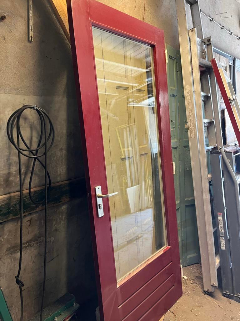 Rode Buitendeur met Glaspaneel - Gebruikt, Doe-het-zelf en Verbouw, Deuren en Horren, Gebruikt, 80 tot 100 cm, Ophalen of Verzenden