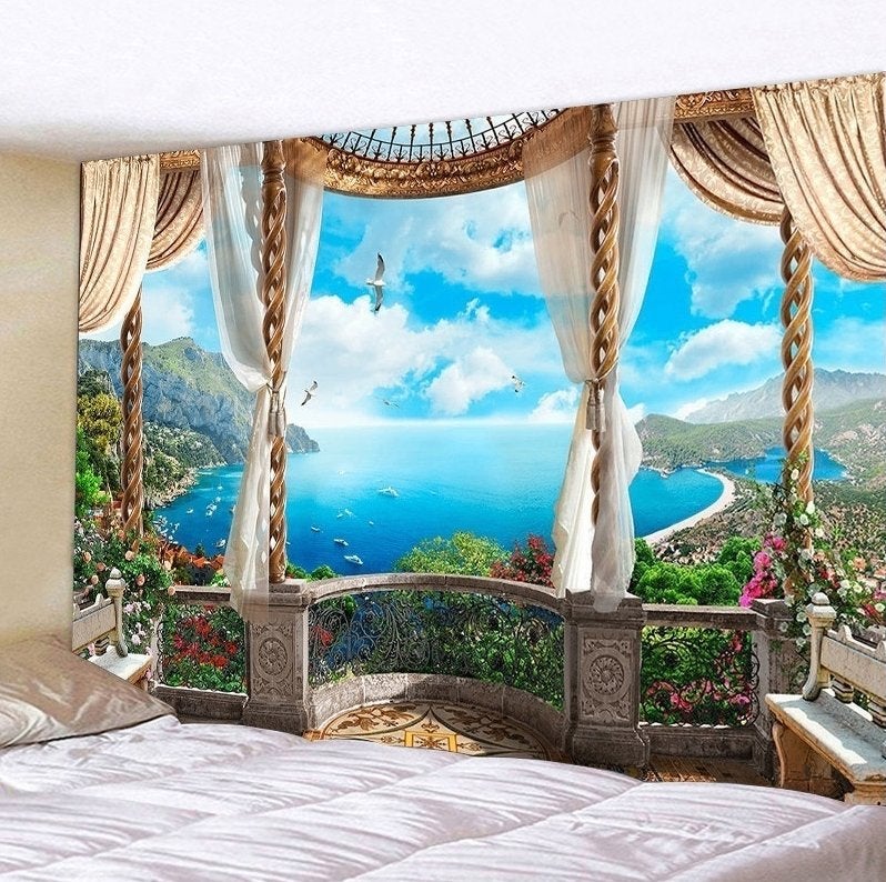 Balkon Uitzicht Op Zee Wandkleed / 3D Wand Kleed Muurkleed, Huis en Inrichting, Verzenden, Nieuw, Wandkleed