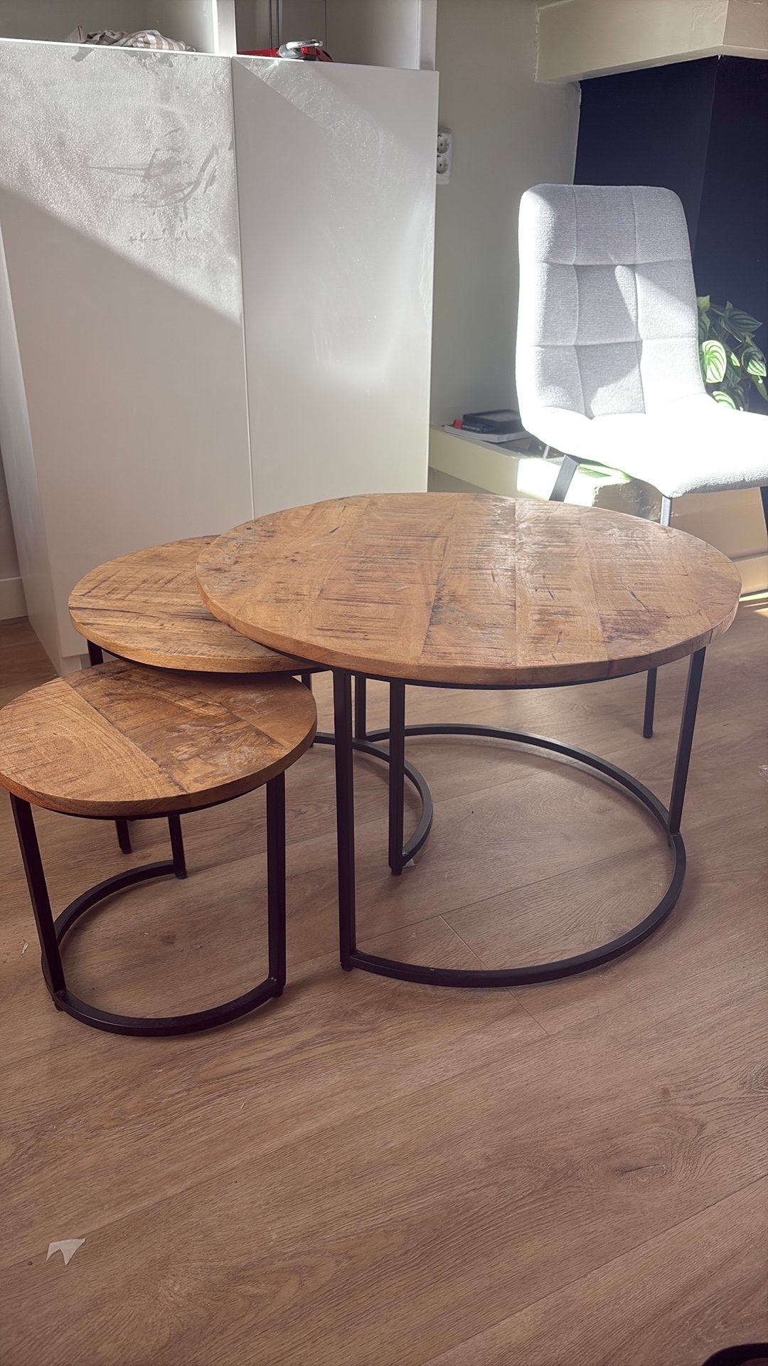 Set van 3 Salontafels - Rond Hout met Metaal, Huis en Inrichting, Tafels | Salontafels, Ophalen, Gebruikt, Rond, Overige houtsoorten