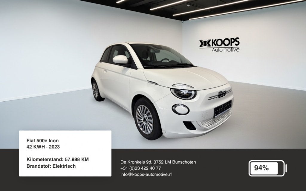 Fiat 500E Icon 42 kWh SOH 94% Car play Cruise control Lane a, Auto's, Fiat, Automaat, Gebruikt, Met garantie (alle), 4 stoelen