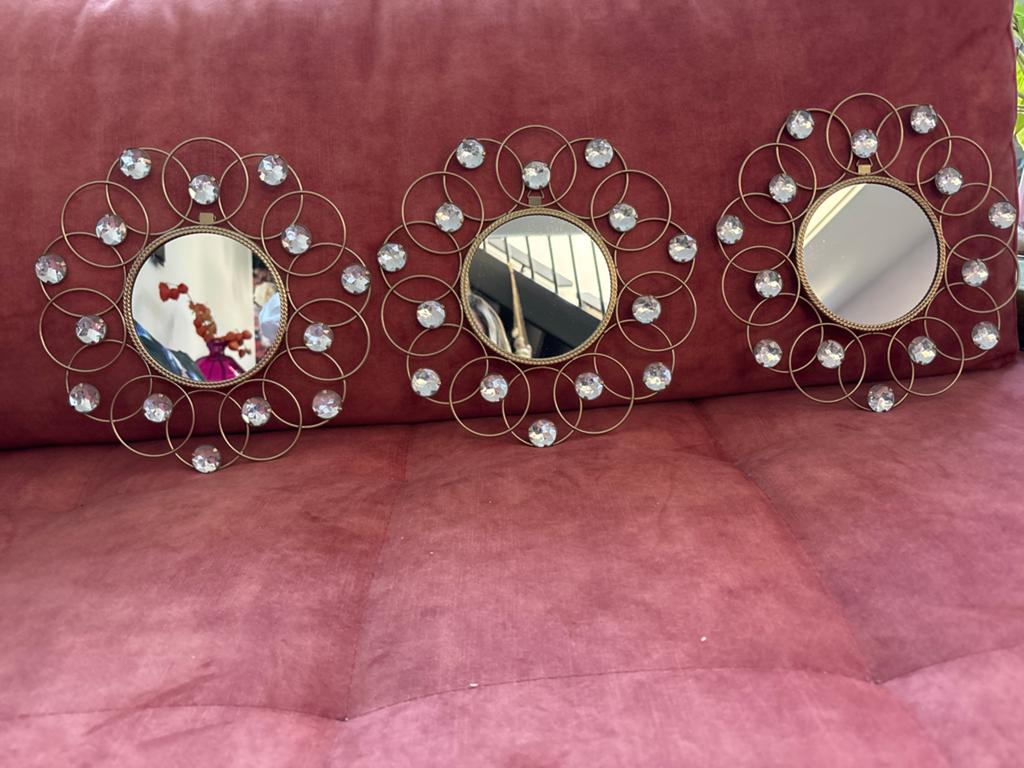 Set van 3 decoratieve spiegels met kristallen, Huis en Inrichting, Woonaccessoires | Spiegels, Minder dan 50 cm, Rond, Ophalen of Verzenden