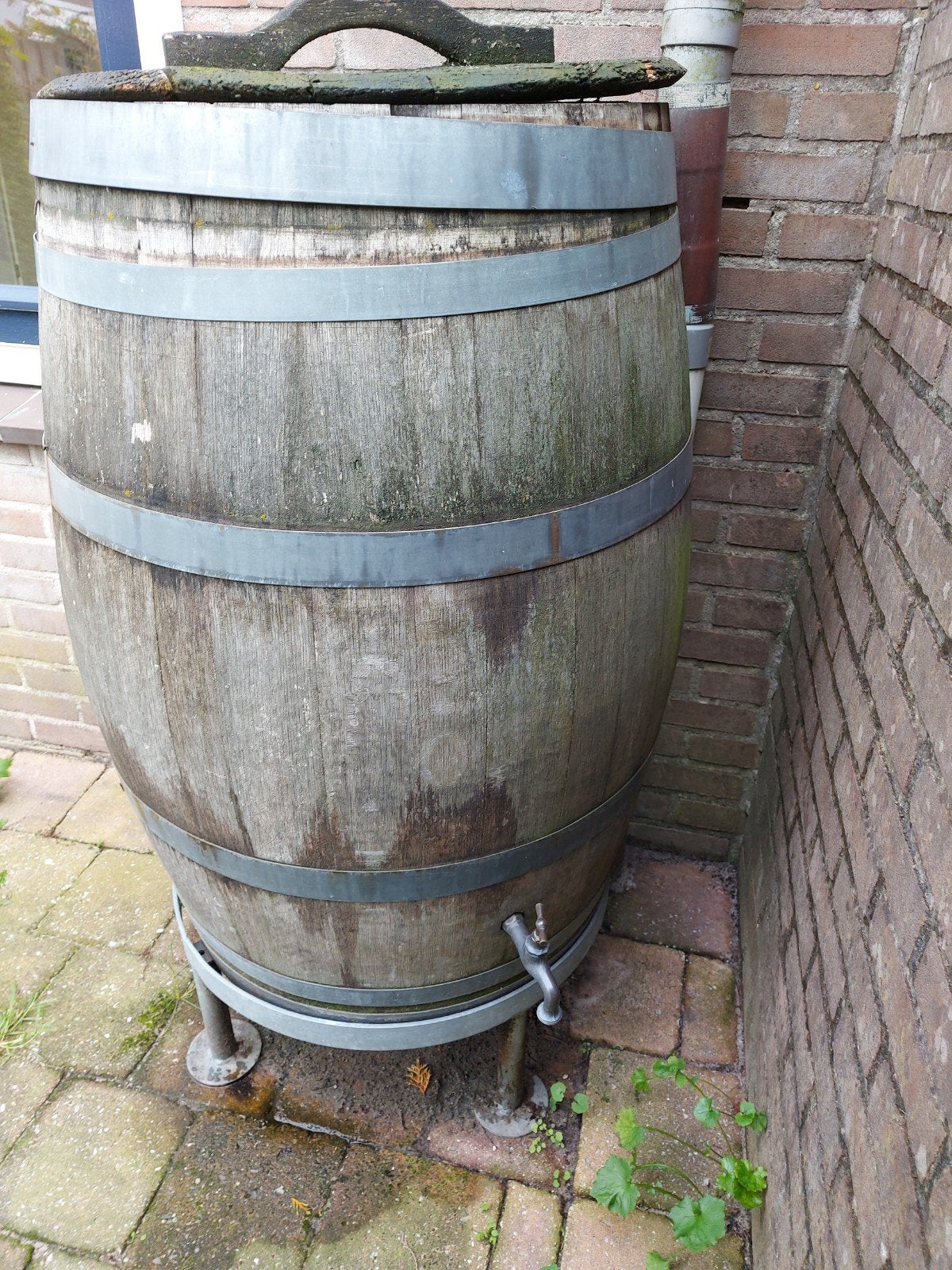 Grote houten regenton met kraan en regenpijpaansluiting, Ophalen, Gebruikt, Met kraantje, 150 liter of meer