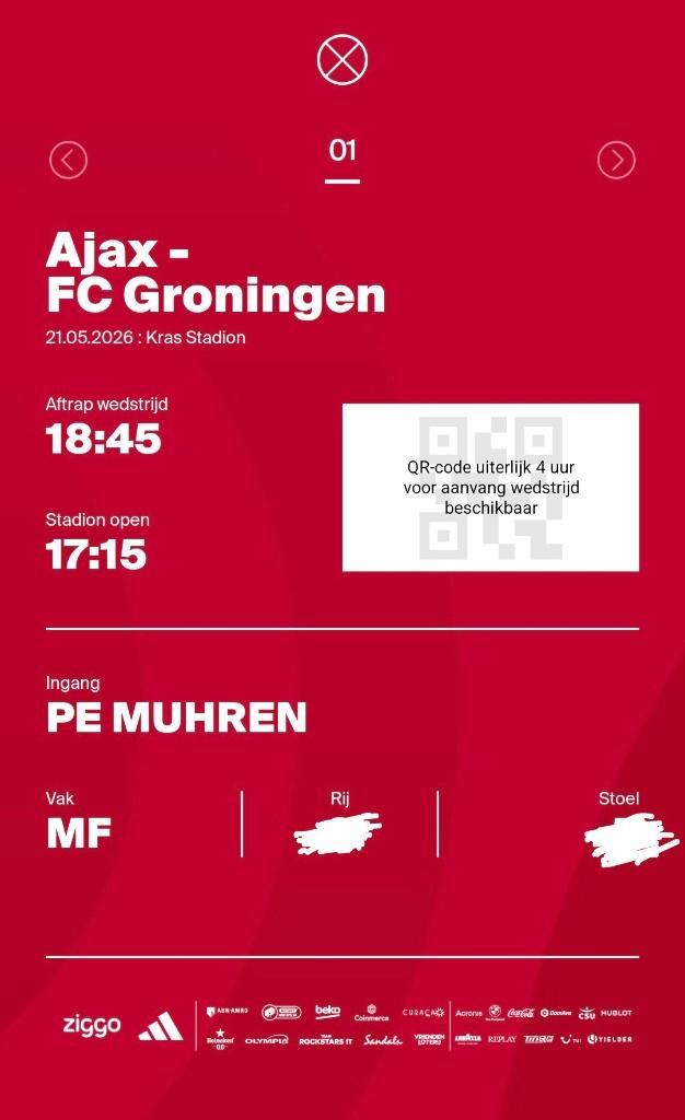 1 kaart Ajax - Groningen vak Pe Muhren, Tickets en Kaartjes, Losse kaart, Eén persoon, Mei