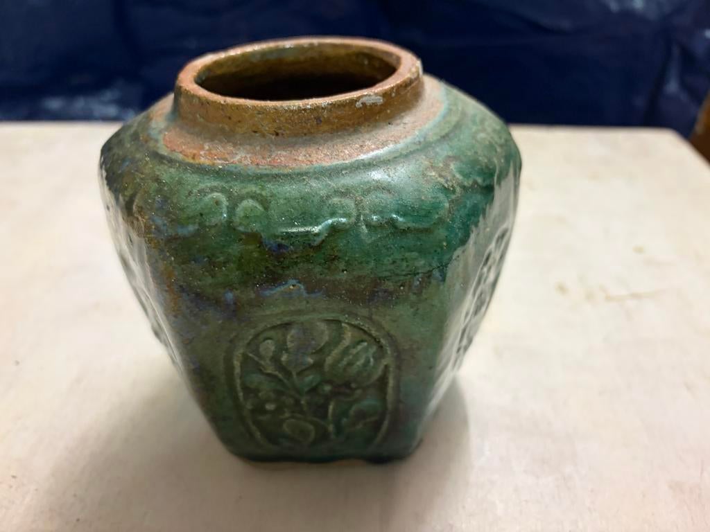 Antieke Gemberpot - Groen Geglazuurd met Reliëf, Ophalen