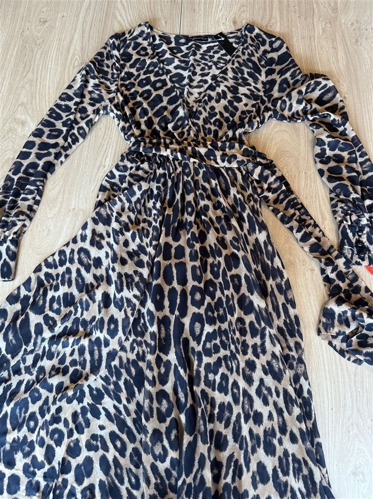 MYLEENE KLASS Luchtige Chiffon Bruine Luipaardprint Maxi Jur, Kleding | Dames, Jurken, Ophalen of Verzenden, Zo goed als nieuw