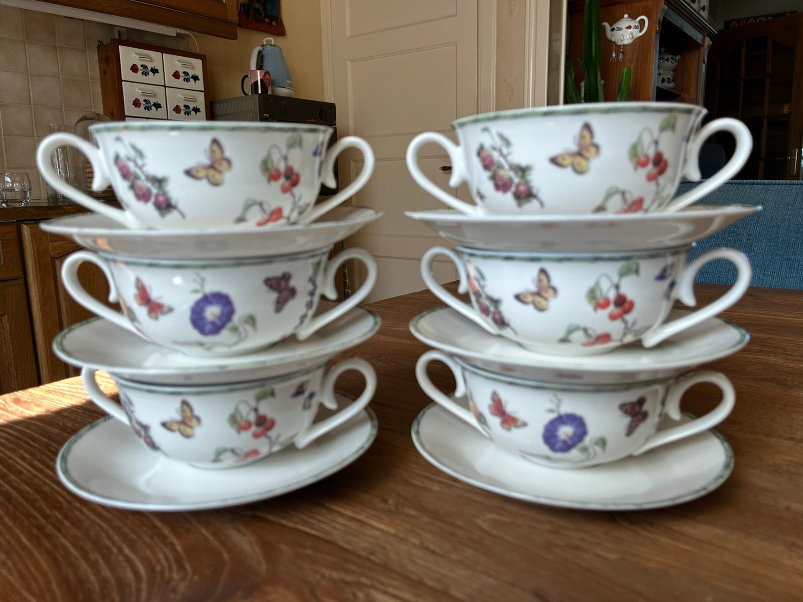 6  "Fruit & Flowers" soepkommen met schotel, Ophalen, Overige merken, Landelijk/Boerenbont, Zo goed als nieuw