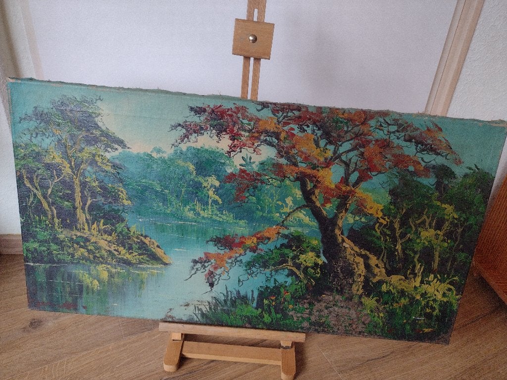 Schilderij Aziatische voorstelling meer diverse, Doek, Ophalen of Verzenden, Landschap, Olieverf