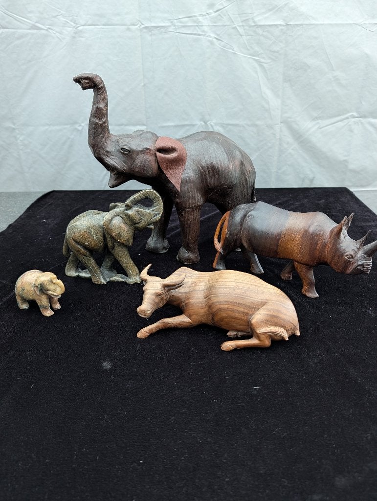 Vintage Safari Set: 5 Dieren Beeldjes (Hout, Steen), Ophalen of Verzenden, Gebruikt, Dier