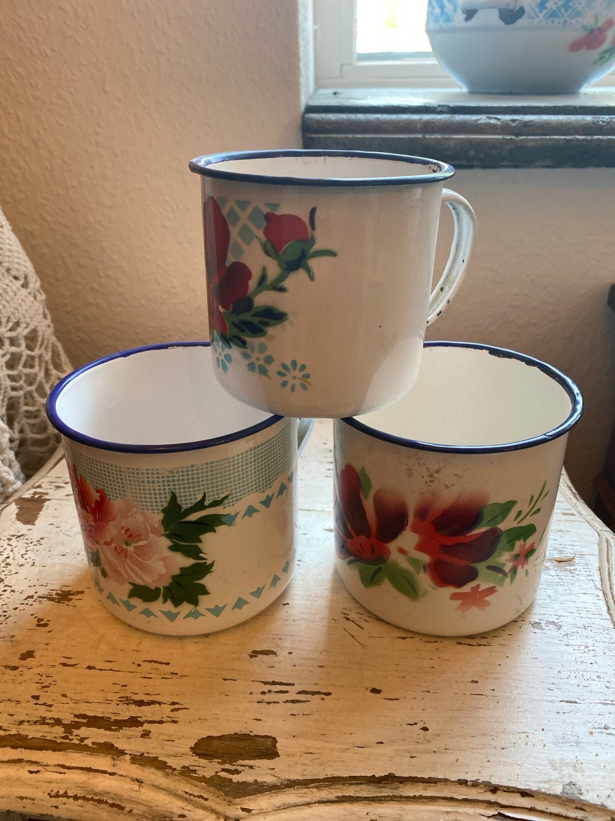 Set van 3 vintage emaille mokken  Lucky Elephant, Ophalen of Verzenden