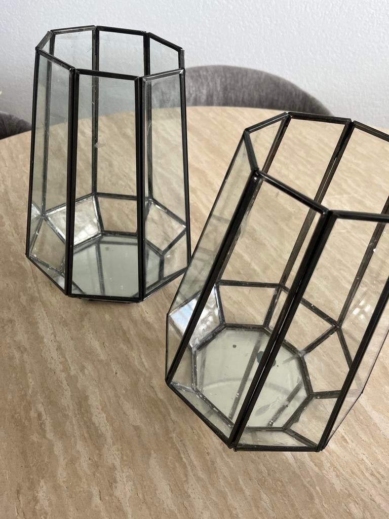 Set van 2 geometrische glazen houders zwart metalen frame, Huis en Inrichting, Woonaccessoires | Vazen, Gebruikt, Zwart, Ophalen of Verzenden