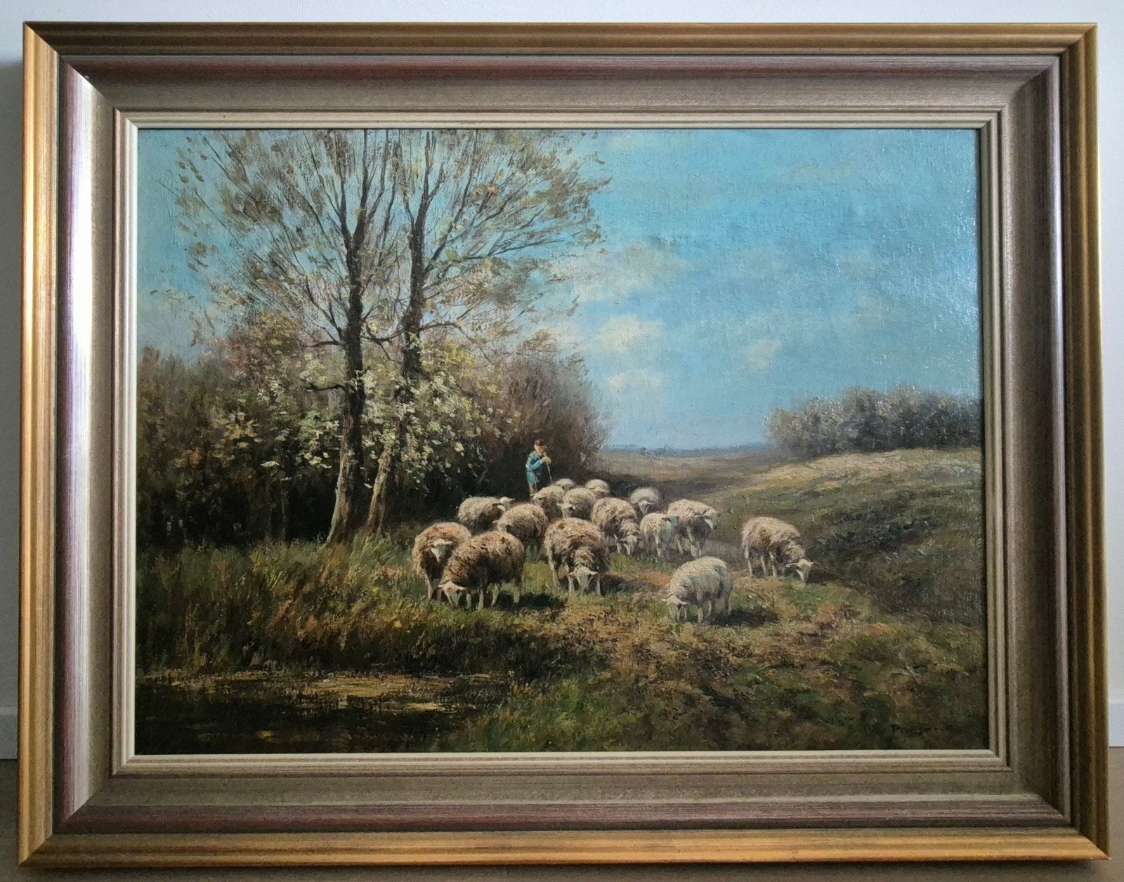 Piet Bouter, Olieverf. Schapen en herder, gesigneerd., Ophalen of Verzenden