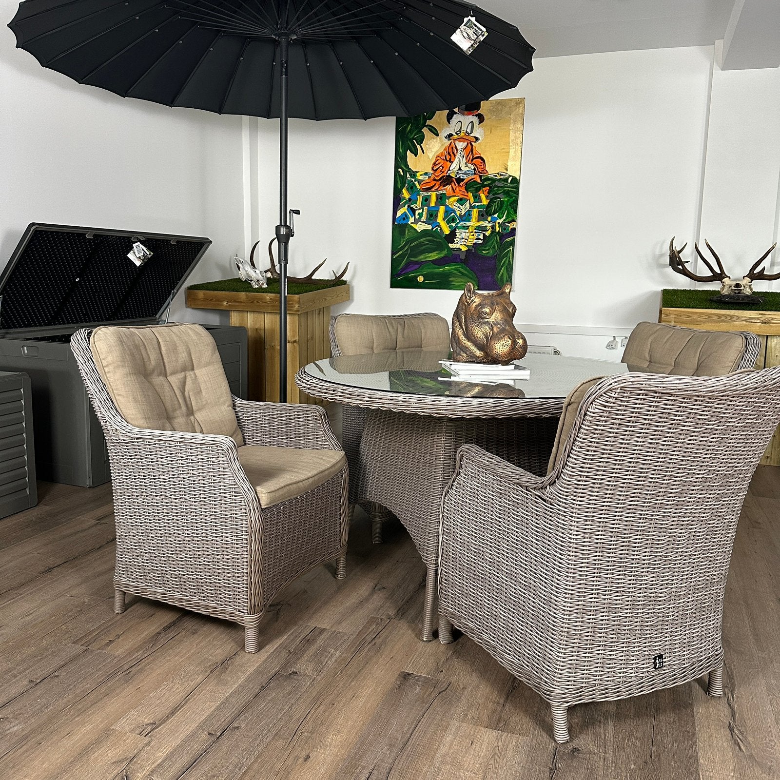 Ronde Wicker Tuinset Ø130 cm – 4 Comfortabele Stoelen, Gebruikt, Verzenden, ., .