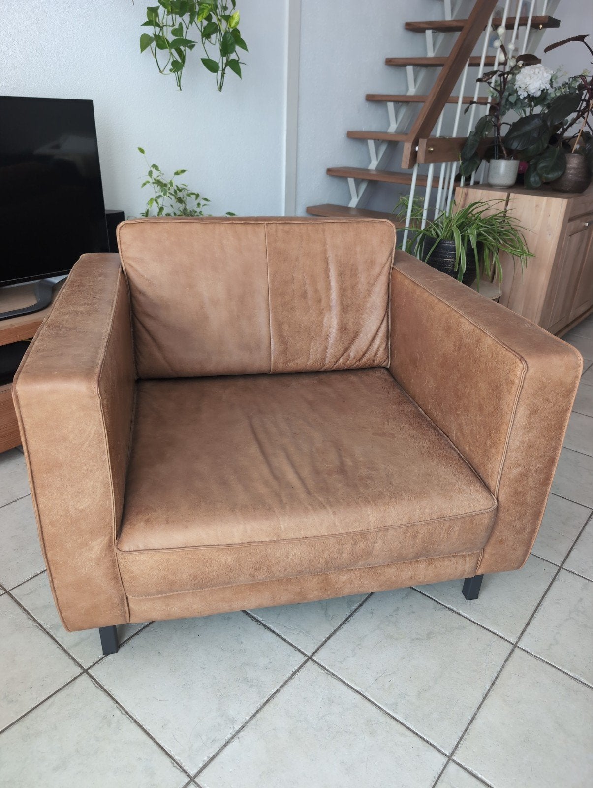 Leren fauteuil / loveseat cognac - 80x95x100 cm, Ophalen, Gebruikt, 75 tot 100 cm, Leer