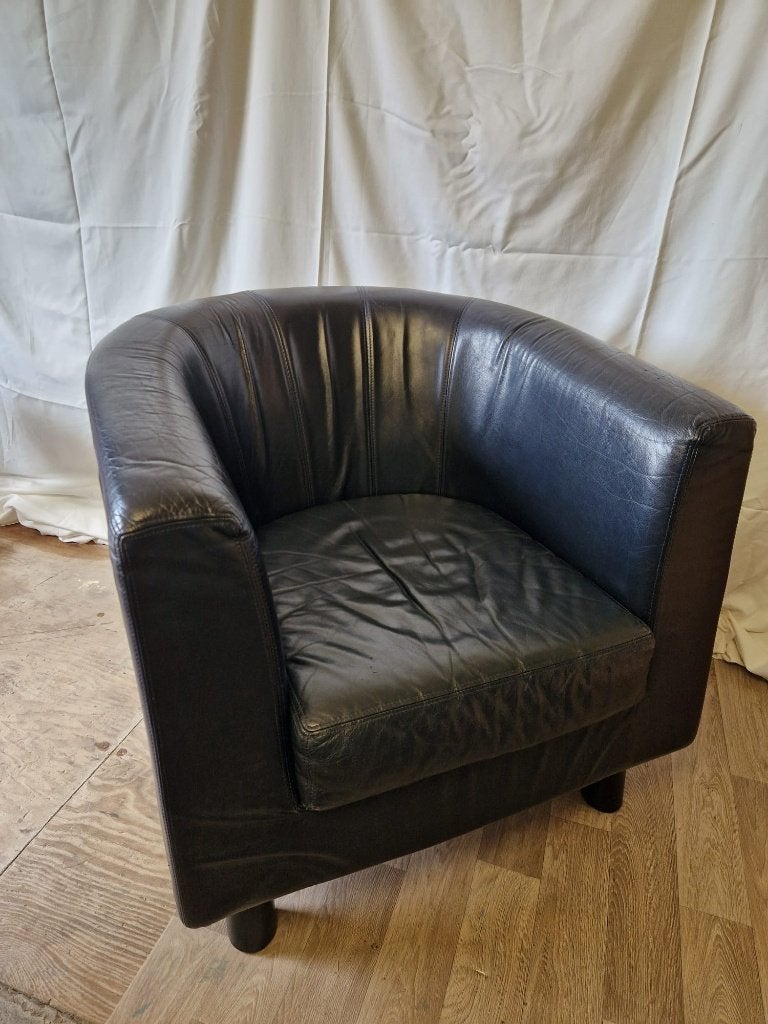 Jan de Bouvrie fauteuil, donkerblauw leer, Ophalen, Gebruikt, 75 tot 100 cm, Leer