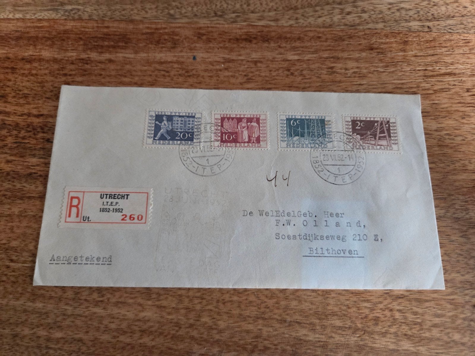 Aangetekende brief 1952 – Complete serie I.T.E.P. (Utrecht), Ophalen of Verzenden, Na 1940, Gestempeld