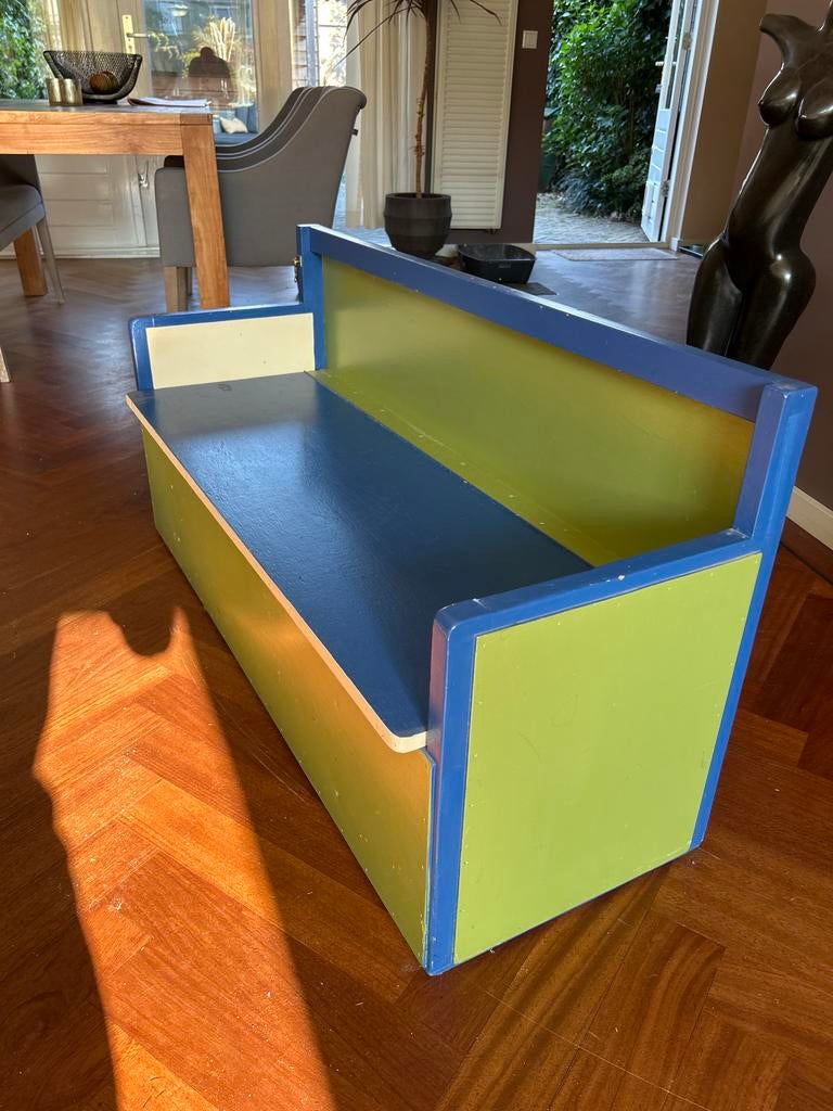 Kinderbankje met opbergkist - Blauw/Groen, Ophalen, Zo goed als nieuw