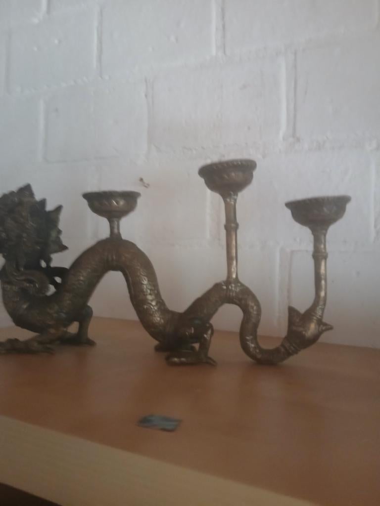 Antieke Bronzen Draak Kandelaar - Oosters Design, Antiek en Kunst, Antiek | Kandelaars, Ophalen of Verzenden, Koper of Brons