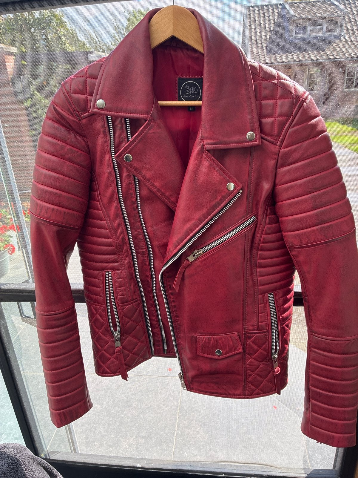 Rode leren bikerjack met gewatteerde details, Kleding | Heren, Ophalen of Verzenden, Zo goed als nieuw, Rood