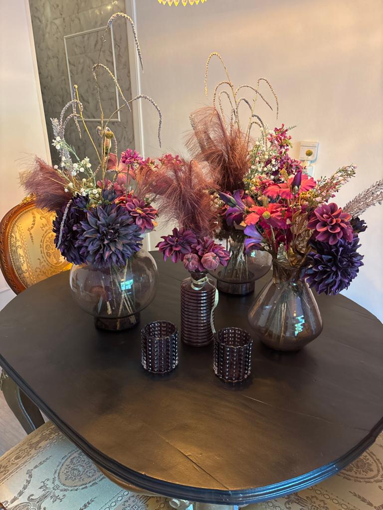 Set van 4 vazen met kunstbloemen en 2 waxinelichthouders, Huis en Inrichting, Woonaccessoires | Vazen, Ophalen, Overige kleuren