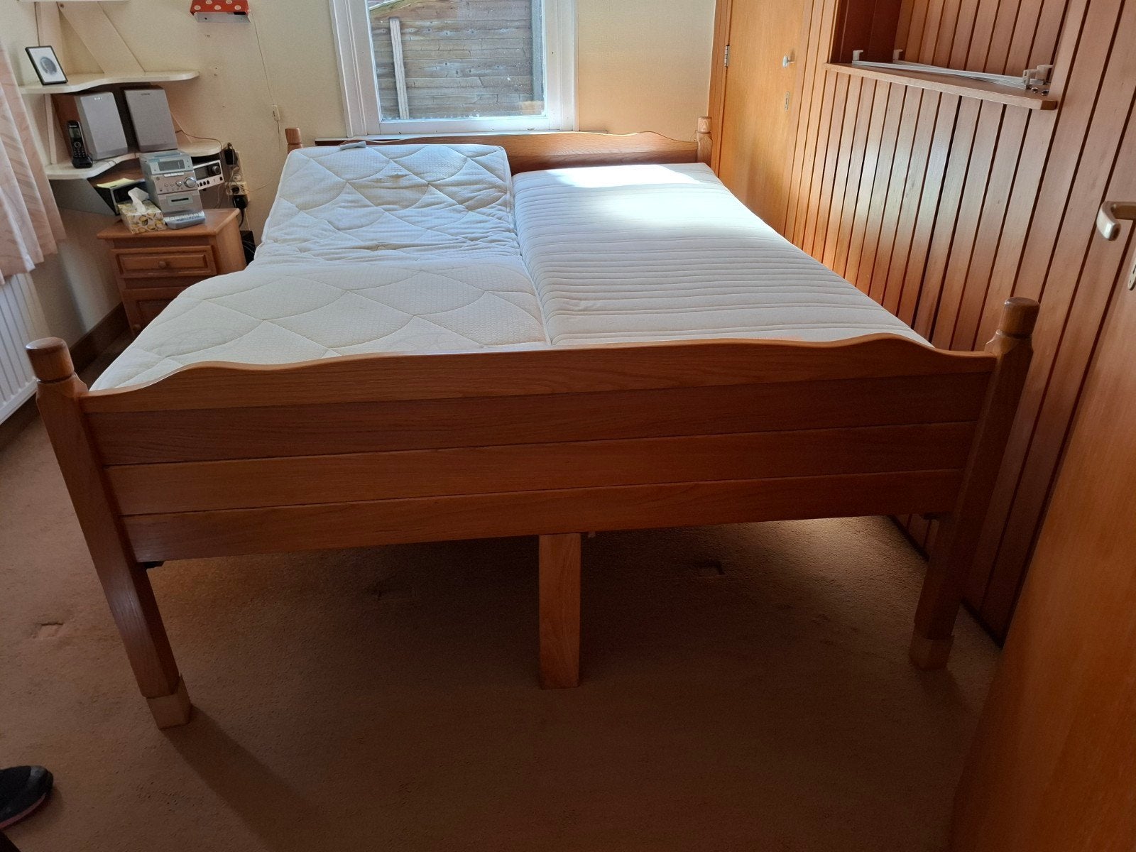 stevig 2 persoons blank eiken bed 160x200 verstelbaar, Ophalen, Tweepersoons, 200 cm, 160 cm