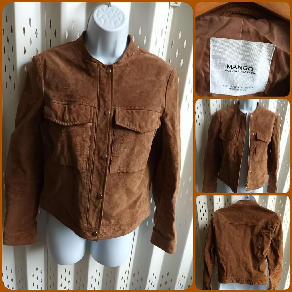 Mango suède cognackleurig jasje echt leder rits drukknopen M, Maat 38/40 (M), Mango, Bruin, Ophalen of Verzenden