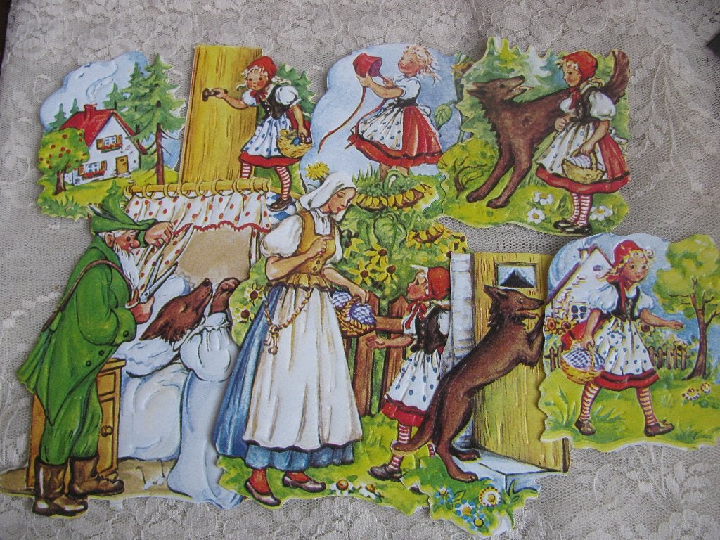 Set van 8 Vintage Poesieplaatjes - Roodkapje & de Wolf Jager, Verzamelen, Verzenden