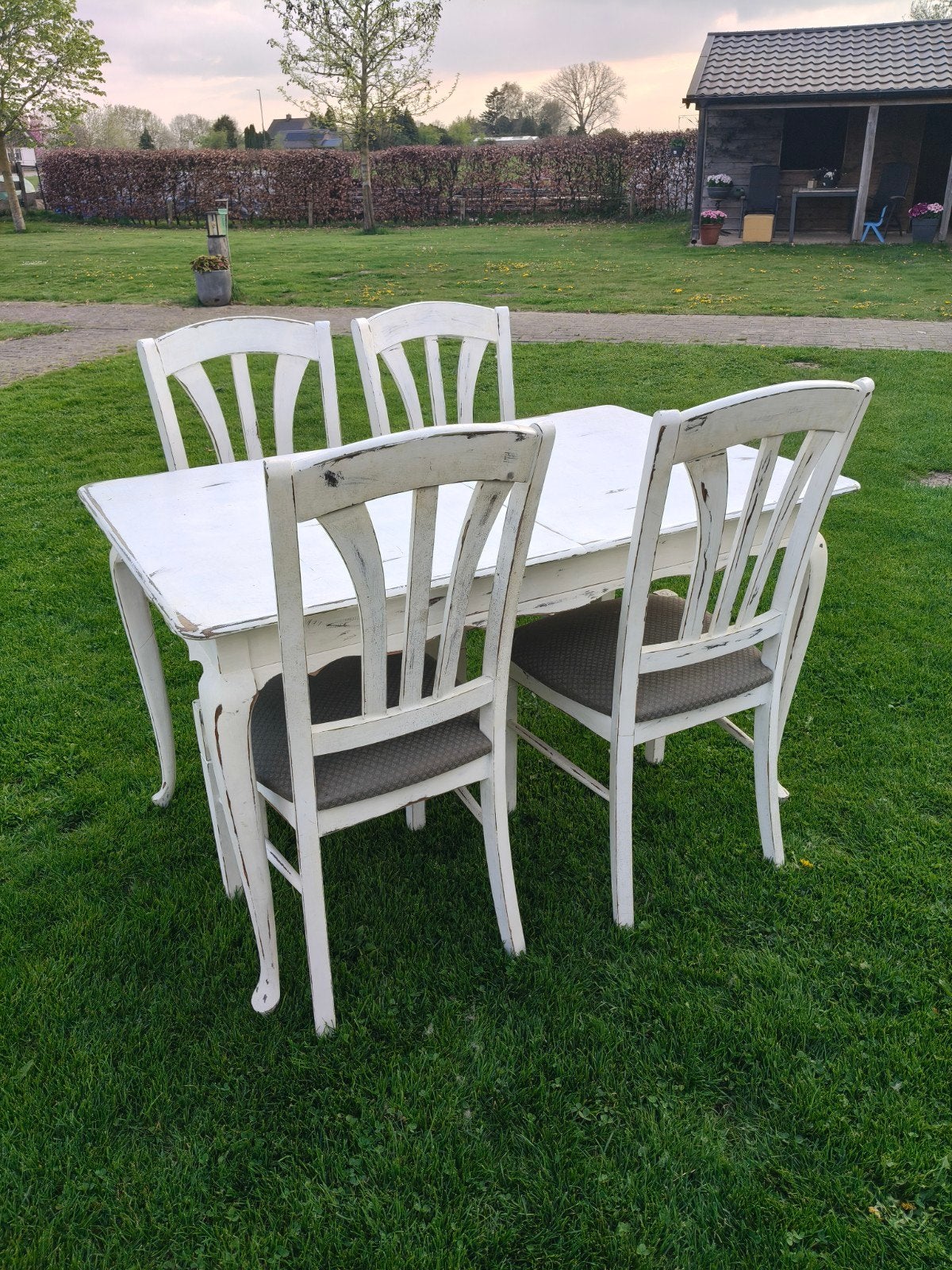 Vintage witte eettafel met 4 stoelen, Ophalen of Verzenden