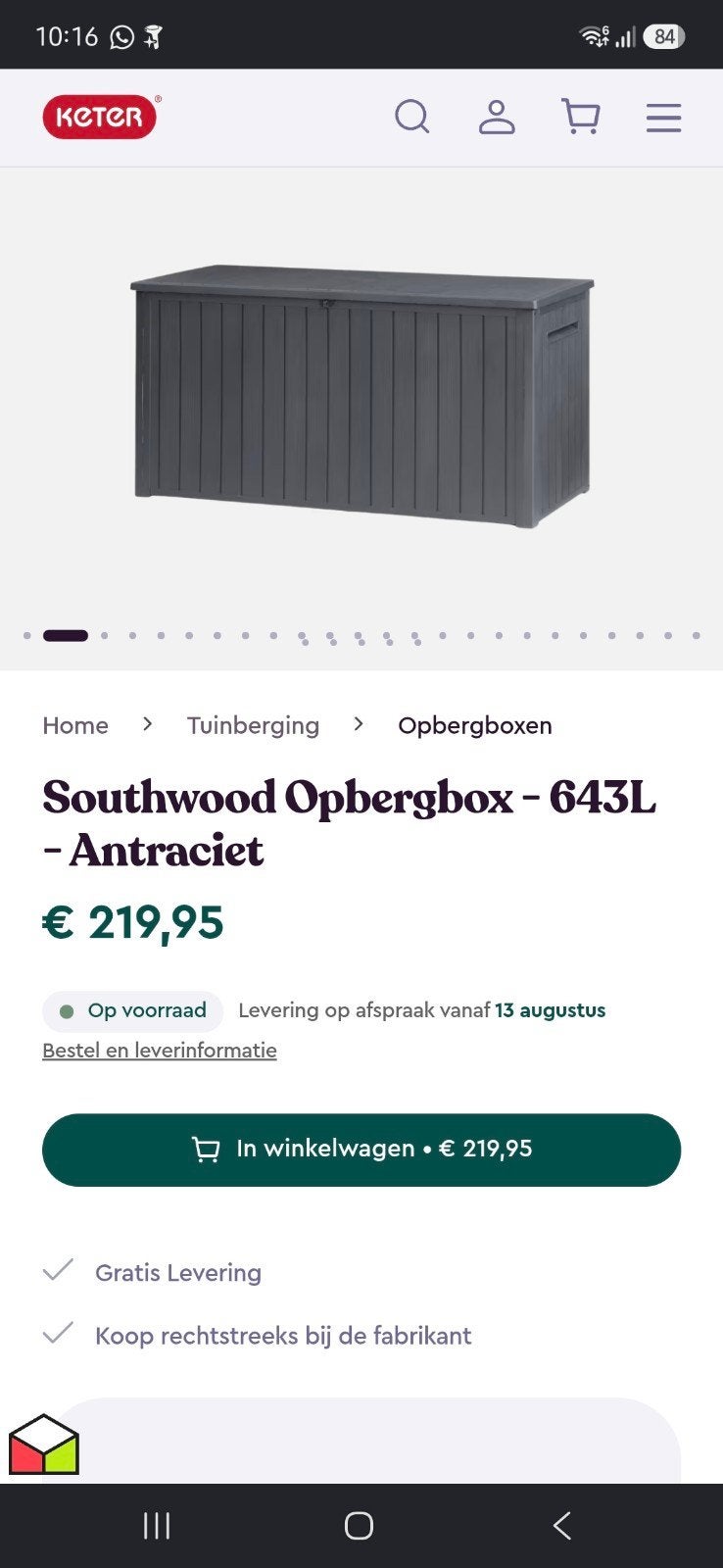 Keter Southwood Opbergbox - 643L - Antraciet, Ophalen, Zo goed als nieuw, Kunststof, Overige typen