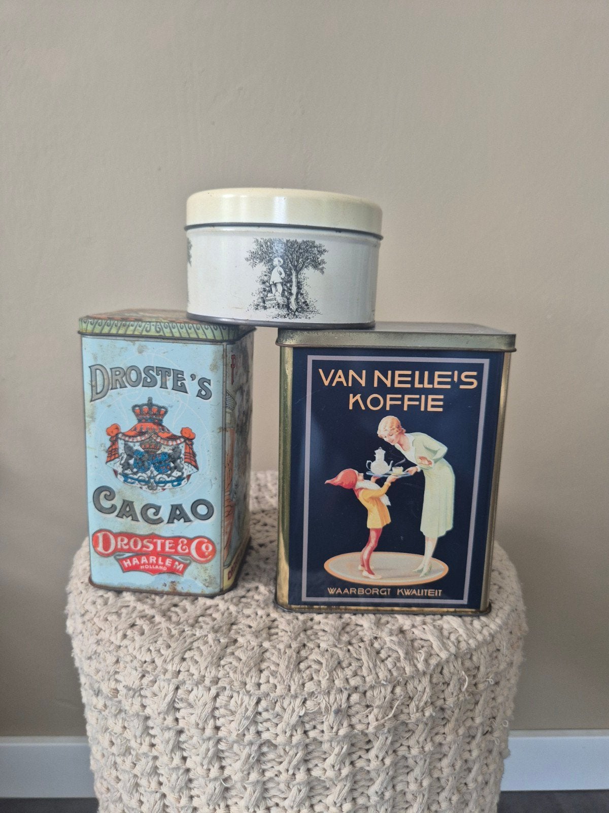 4 antieke blikken: Droste, Bartje, Van Nelle en meer, Ophalen of Verzenden