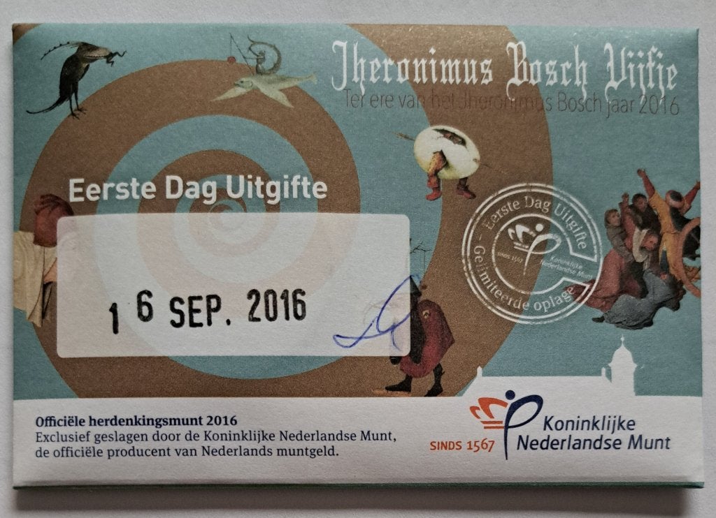 Eerste Dag Uitgifte coincard Jheronimus Bosch Vijfje 2016, Ophalen of Verzenden, Koning Willem I, Euro's, Zilver