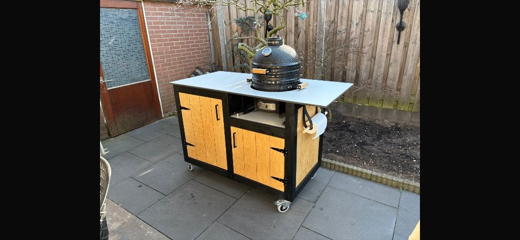 Luxe buitenkeuken voor Kamado met wielen en marmerlook, Ophalen, Maatwerk, Houtskool, Nieuw