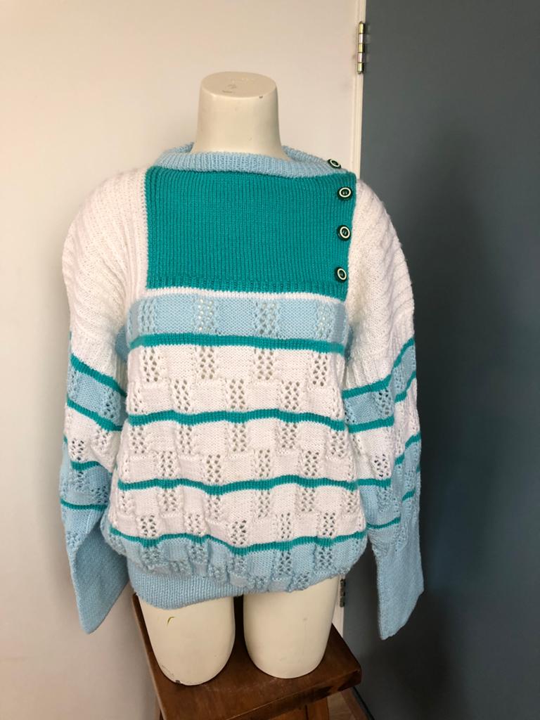 Vintage handgebreide oversized trui blauw wit onesize, Blauw, Maat 46/48 (XL) of groter, Nieuw, Ophalen of Verzenden