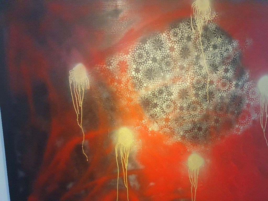 EdoMega's "Golden c(*)mshots on lace" 150 cm x 120 cm, Antiek en Kunst, Kunst | Schilderijen | Modern, Overig onderwerp, Handgeschilderd