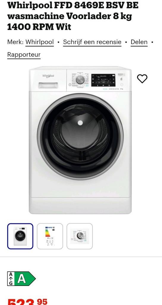 Whirlpool Wasmachine 8kg 6th sense - Steam Inverter Motor, Witgoed en Apparatuur, Wasmachines, Ophalen, 1200 tot 1600 toeren, 8 tot 10 kg