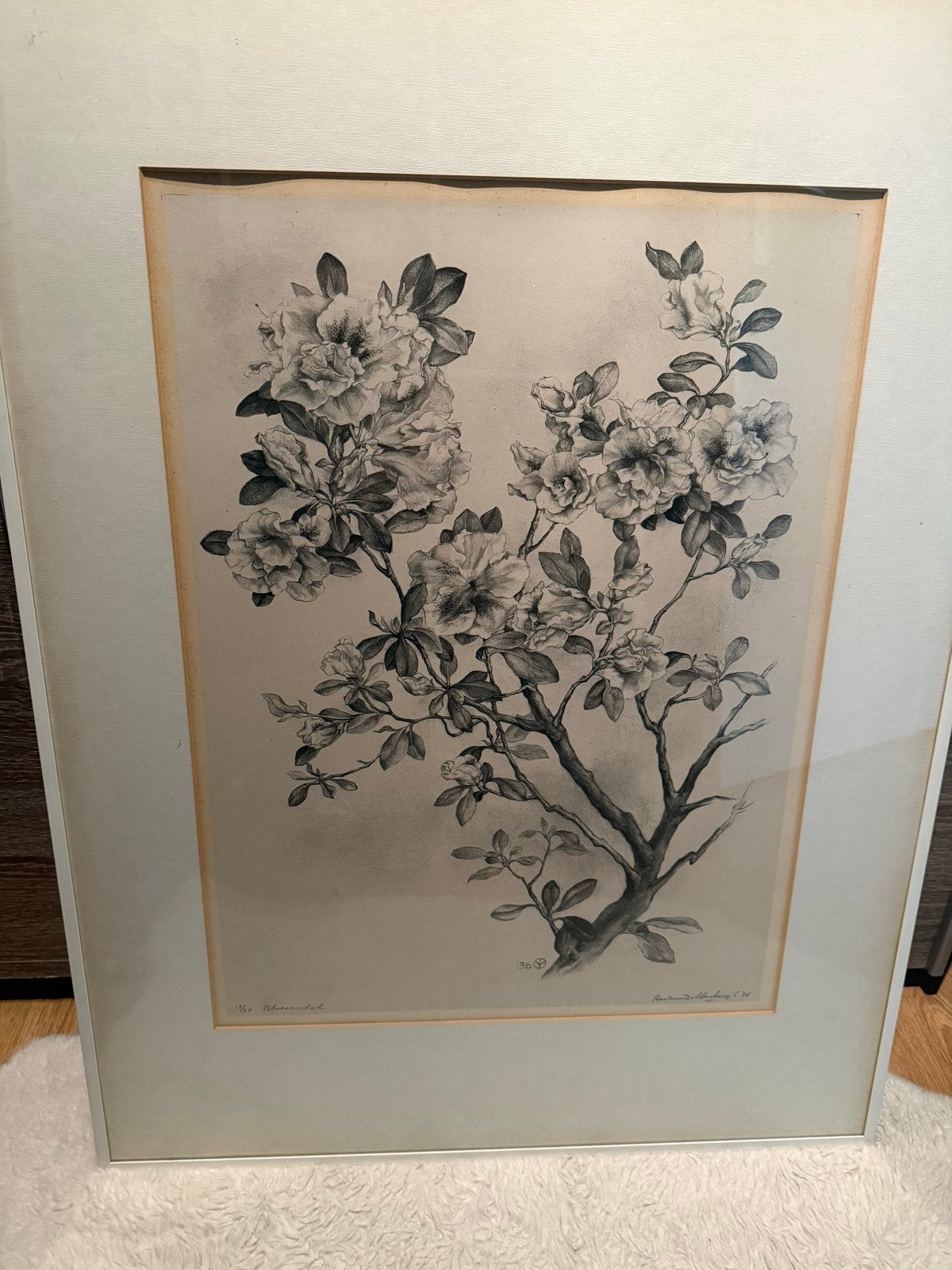 A. van Dobbenburgh - Bloesemtak (1936) - Litho, Ophalen, Ets, Overige technieken, Achter glas