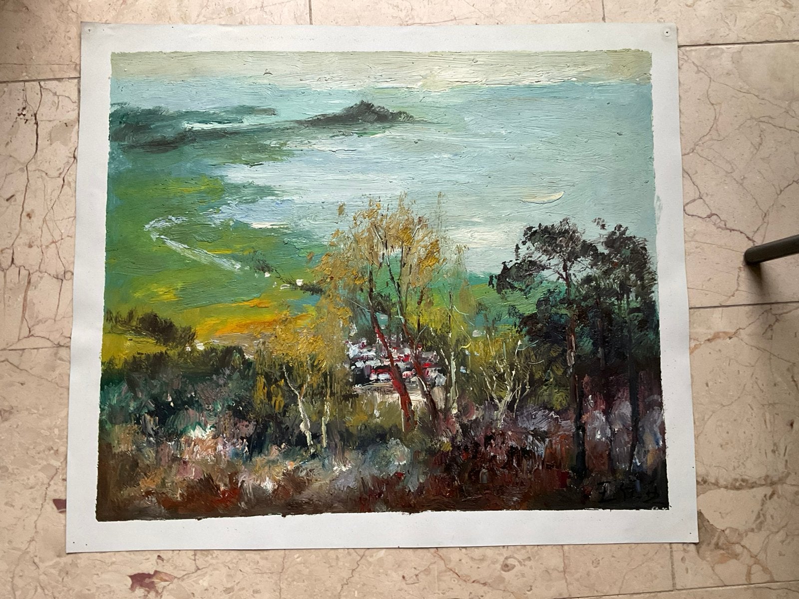 Schilderij van landschap met dorpje, Ophalen of Verzenden
