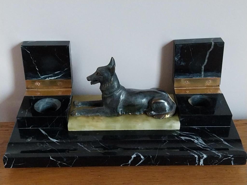 Art Deco inktstel hond van zamak op marmer schrijfgarnituur, Ophalen of Verzenden